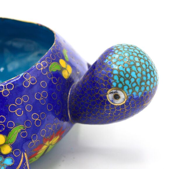 Vintage Cloisonné Turtle Trinket Box Blue Enamel Brass Figurine Lidded Shell - Picture 3 of 8